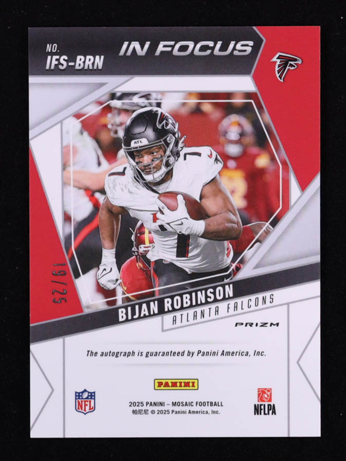 Bijan Robinson 2025 Panini Mosaic In Focus Signatures White #5 #19/25 at PristineAuction.com Bijan Robinson 2025 Panini Mosaic In Focus Signatures White #5 #19/25 at PristineAuction.com