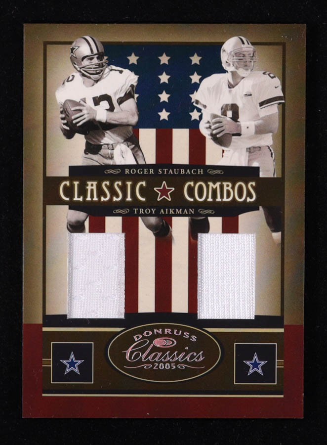 Roger Staubach / Troy Aikman 2005 Donruss Classics Classic Combos Jerseys #8 #09/75 at PristineAuction.com Roger Staubach / Troy Aikman 2005 Donruss Classics Classic Combos Jerseys #8 #09/75 at PristineAuction.com