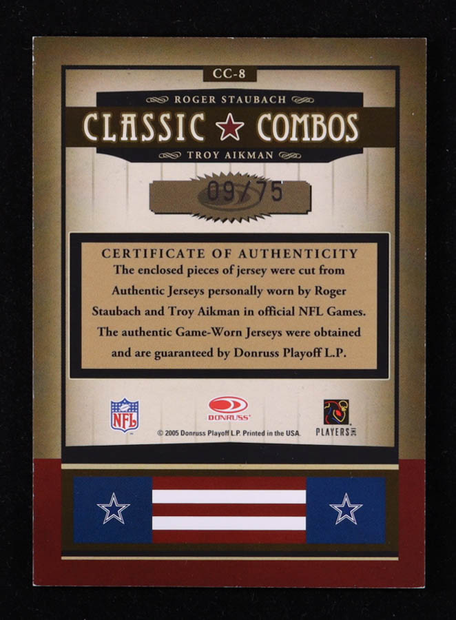 Roger Staubach / Troy Aikman 2005 Donruss Classics Classic Combos Jerseys #8 #09/75 at PristineAuction.com Roger Staubach / Troy Aikman 2005 Donruss Classics Classic Combos Jerseys #8 #09/75 at PristineAuction.com