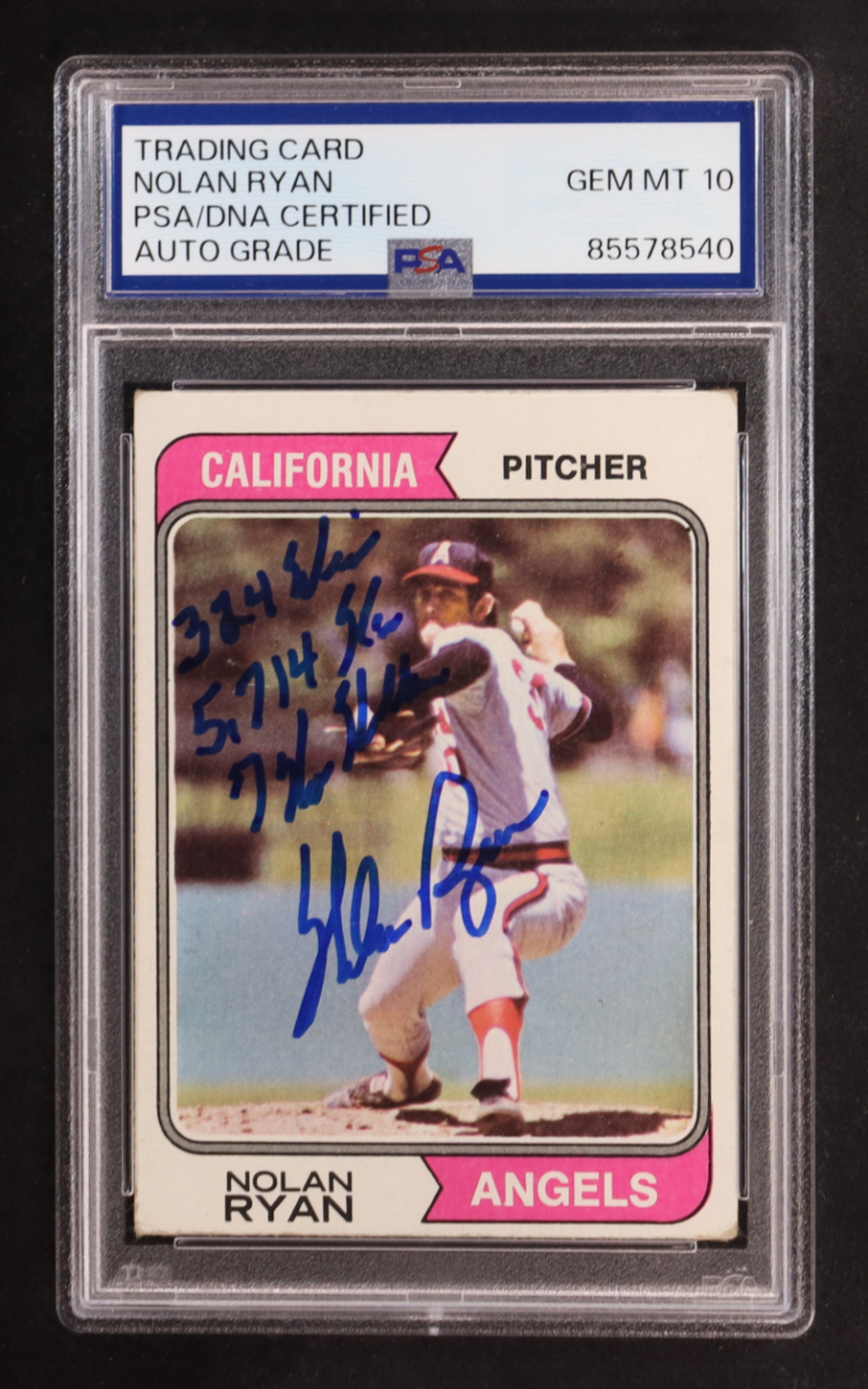 Nolan Ryan Signed 1974 Topps Inscribed "324 Wins 5,714 K'S And 7 No-Hitters" #20 (PSA | Autograph Graded PSA 10) at PristineAuction.com Nolan Ryan Signed 1974 Topps Inscribed "324 Wins 5,714 K'S And 7 No-Hitters" #20 (PSA | Autograph Graded PSA 10) at PristineAuction.com