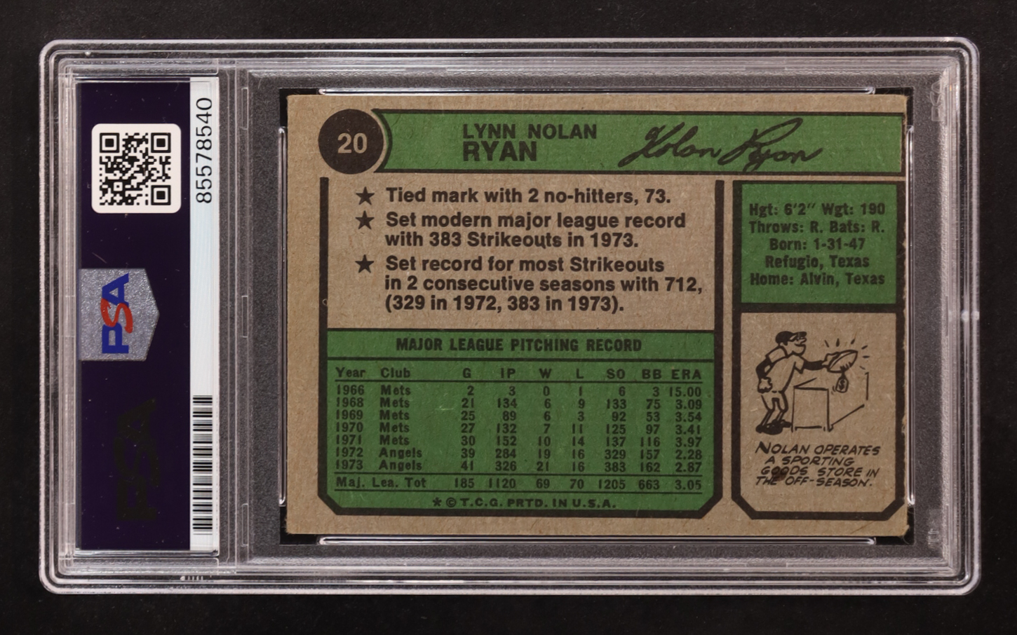 Nolan Ryan Signed 1974 Topps Inscribed "324 Wins 5,714 K'S And 7 No-Hitters" #20 (PSA | Autograph Graded PSA 10) at PristineAuction.com Nolan Ryan Signed 1974 Topps Inscribed "324 Wins 5,714 K'S And 7 No-Hitters" #20 (PSA | Autograph Graded PSA 10) at PristineAuction.com