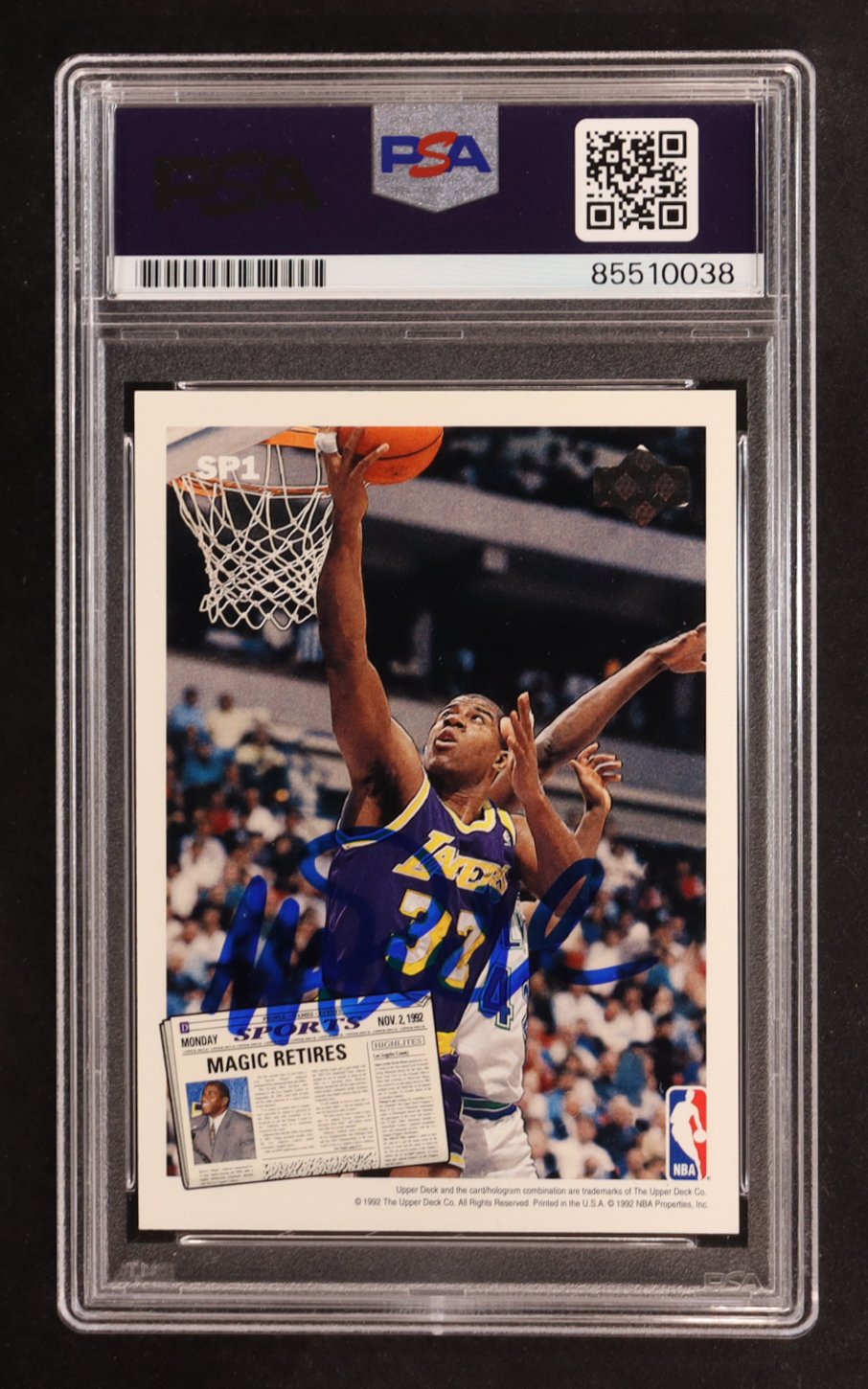 Larry Bird / Magic Johnson Signed 1992 Upper Deck Retirement Card #SP1 (PSA | Autograph Graded PSA 9) at PristineAuction.com Larry Bird / Magic Johnson Signed 1992 Upper Deck Retirement Card #SP1 (PSA | Autograph Graded PSA 9) at PristineAuction.com
