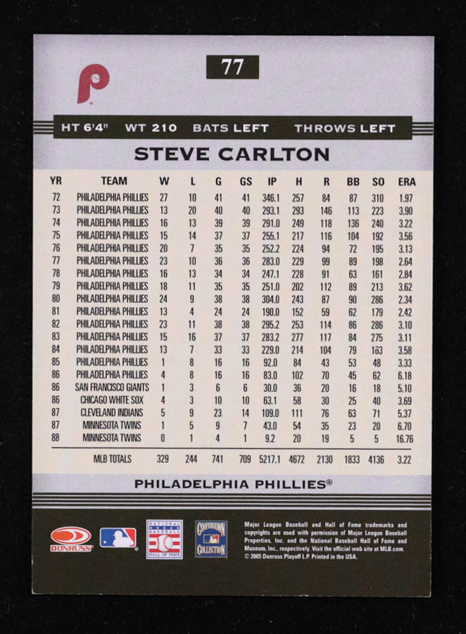 Steve Carlton 2005 Donruss Greats Signature Gold HoloFoil #77 at PristineAuction.com Steve Carlton 2005 Donruss Greats Signature Gold HoloFoil #77 at PristineAuction.com