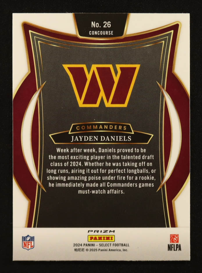 Jayden Daniels 2024 Select Prizm Black and Red Shock #26 RC at PristineAuction.com Jayden Daniels 2024 Select Prizm Black and Red Shock #26 RC at PristineAuction.com