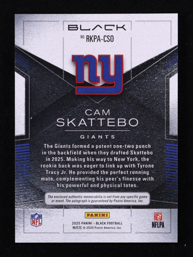 Cam Skattebo 2025 Panini Black Rookie Patch Autographs Royal #4 RC #022/199 at PristineAuction.com Cam Skattebo 2025 Panini Black Rookie Patch Autographs Royal #4 RC #022/199 at PristineAuction.com