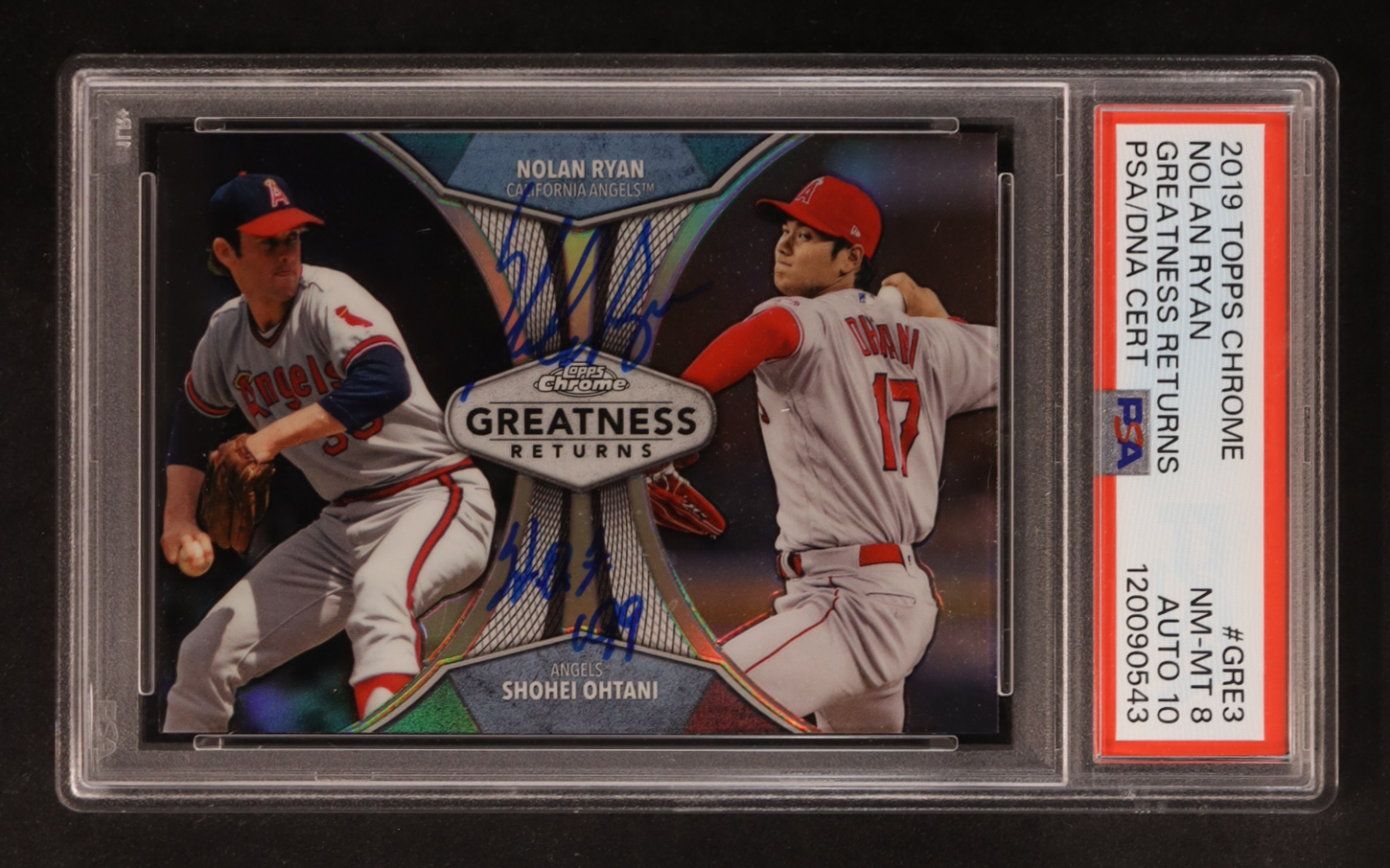 Nolan Ryan Signed 2019 Topps Chrome Greatness Returns With Shohei Ohtani Inscribed "HOF 99" #GRE-3 (PSA 8 | Autograph Graded PSA 10) at PristineAuction.com Nolan Ryan Signed 2019 Topps Chrome Greatness Returns With Shohei Ohtani Inscribed "HOF 99" #GRE-3 (PSA 8 | Autograph Graded PSA 10) at PristineAuction.com