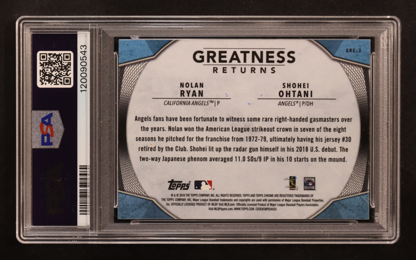 Nolan Ryan Signed 2019 Topps Chrome Greatness Returns With Shohei Ohtani Inscribed "HOF 99" #GRE-3 (PSA 8 | Autograph Graded PSA 10) at PristineAuction.com Nolan Ryan Signed 2019 Topps Chrome Greatness Returns With Shohei Ohtani Inscribed "HOF 99" #GRE-3 (PSA 8 | Autograph Graded PSA 10) at PristineAuction.com