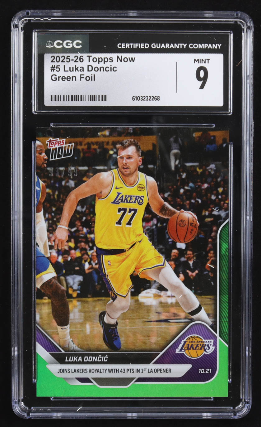 Luka Doncic 2025-26 Topps Now Green Foil #5 #93/99 (CGC 9) at PristineAuction.com Luka Doncic 2025-26 Topps Now Green Foil #5 #93/99 (CGC 9) at PristineAuction.com