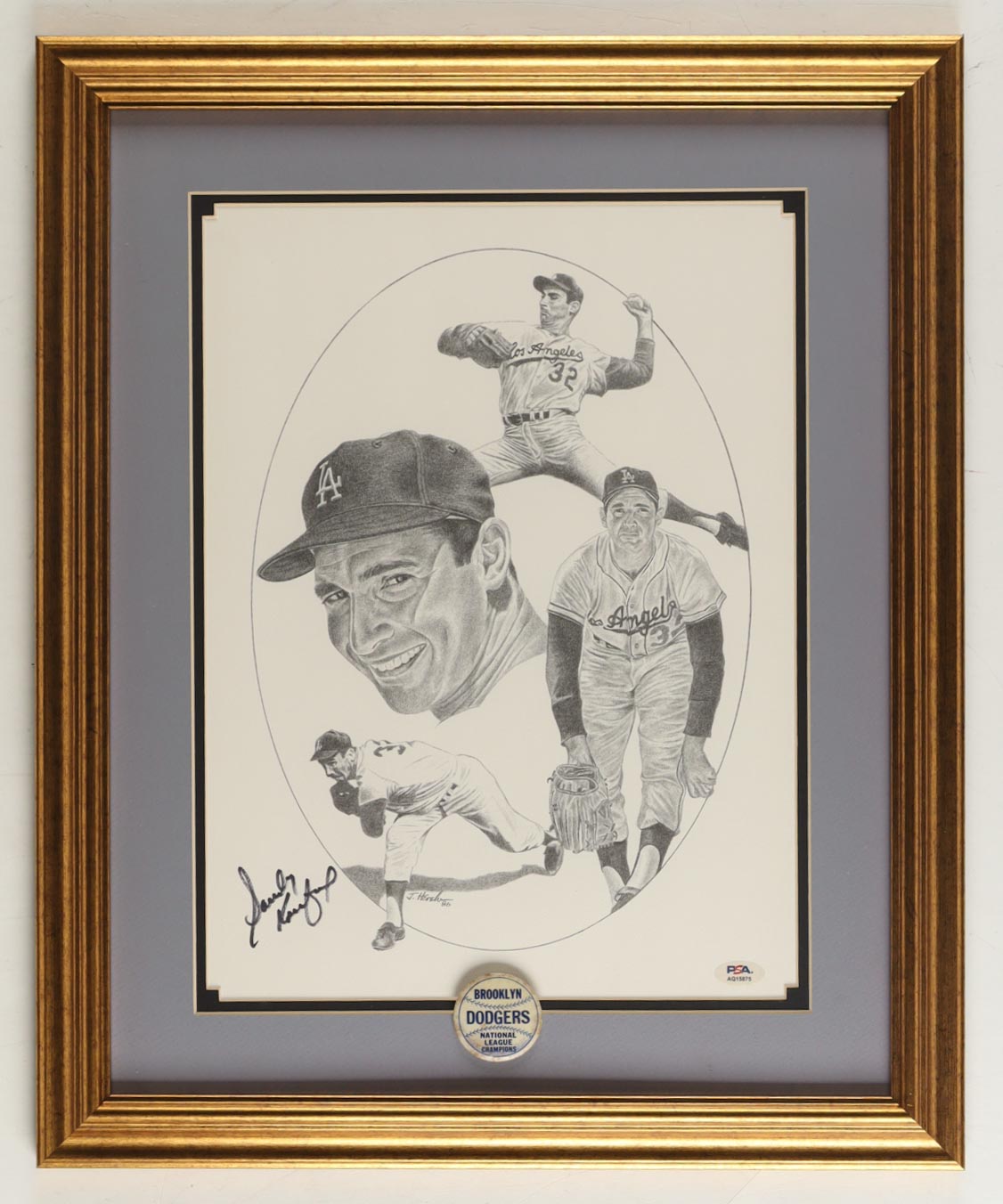 Sandy Koufax Signed Custom Framed Art Print Display with Vintage Lapel Pin (PSA) at PristineAuction.com Sandy Koufax Signed Custom Framed Art Print Display with Vintage Lapel Pin (PSA) at PristineAuction.com
