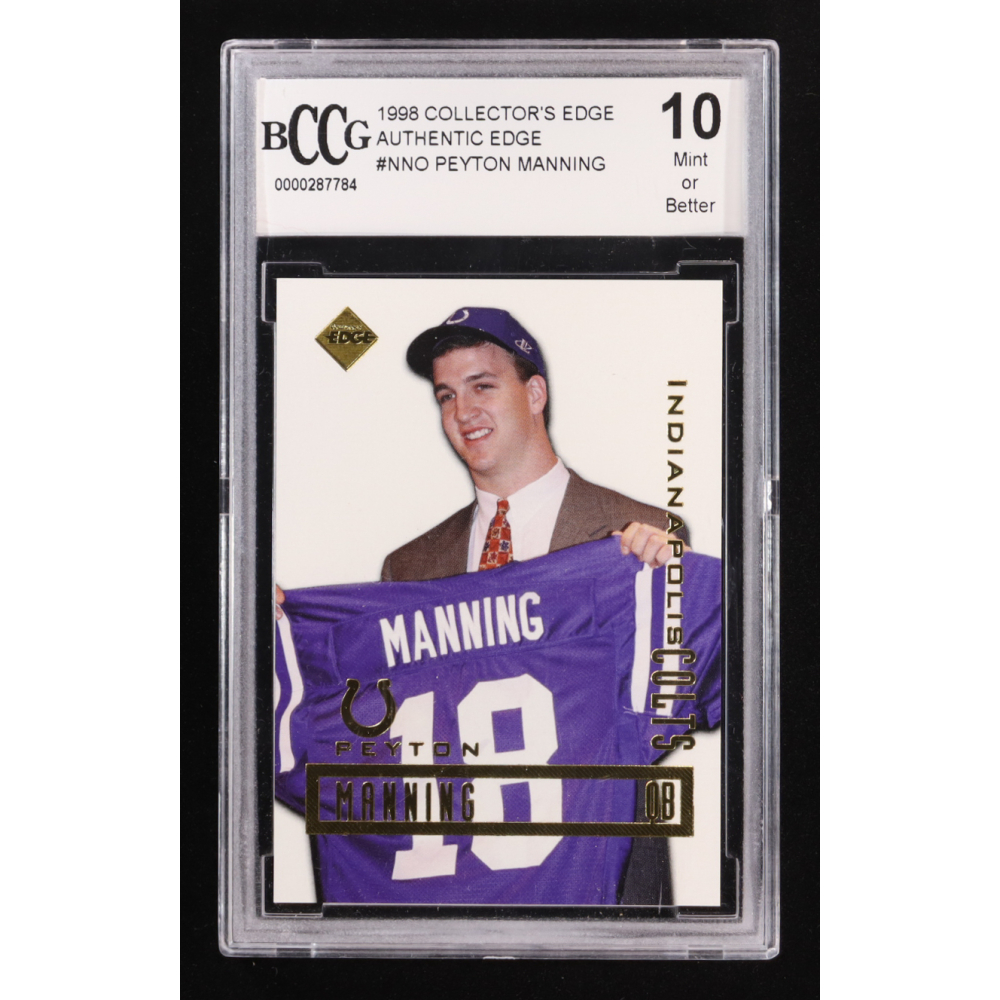 Peyton Manning 1998 Collector's Edge Peyton Manning Promos #NNO holding jersey RC (BCCG 10) at PristineAuction.com