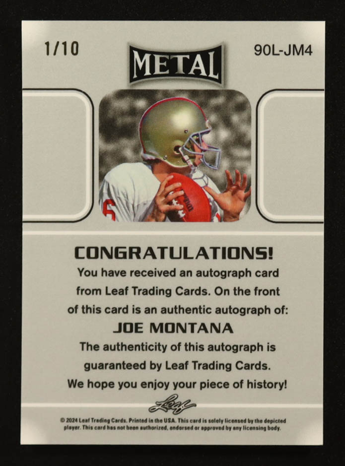 Joe Montana 2024 Leaf Joe Montana Legacy '90 Leaf Prismatic Purple #90LJM4 #1/10 at PristineAuction.com Joe Montana 2024 Leaf Joe Montana Legacy '90 Leaf Prismatic Purple #90LJM4 #1/10 at PristineAuction.com