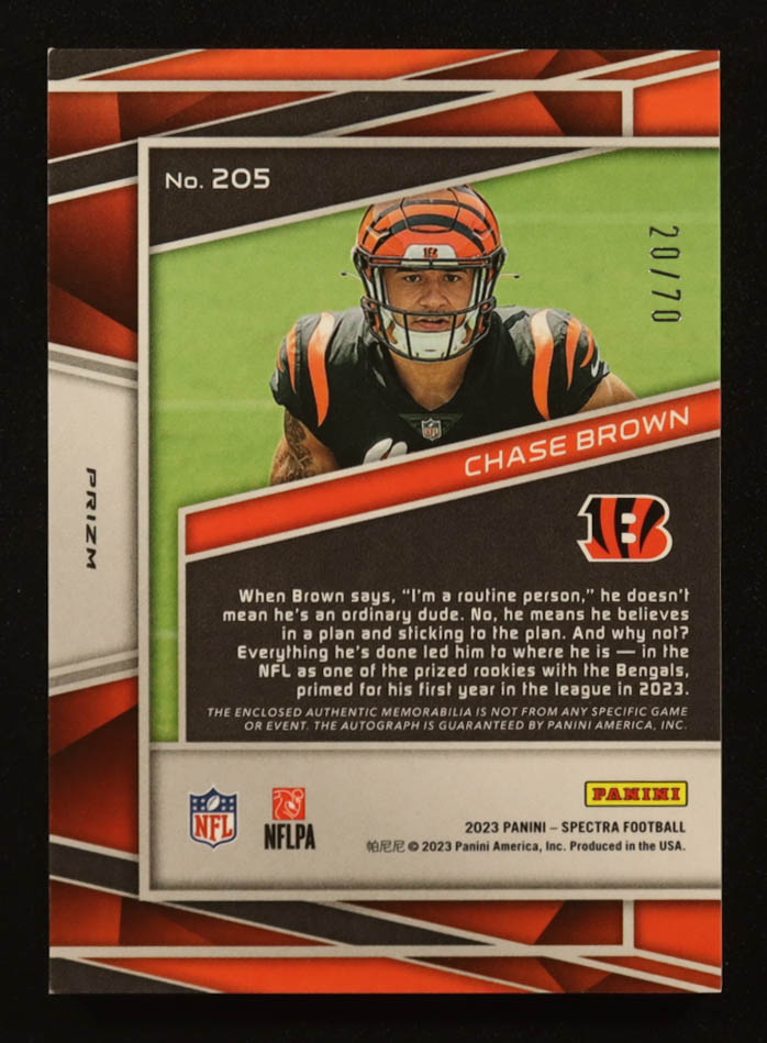 Chase Brown 2023 Panini Spectra Supernova #205 #20/70 RC at PristineAuction.com Chase Brown 2023 Panini Spectra Supernova #205 #20/70 RC at PristineAuction.com