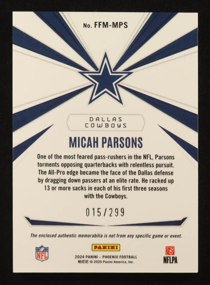 Micah Parsons 2024 Panini Phoenix Franchise Future Materials #14 #015/299 at PristineAuction.com Micah Parsons 2024 Panini Phoenix Franchise Future Materials #14 #015/299 at PristineAuction.com