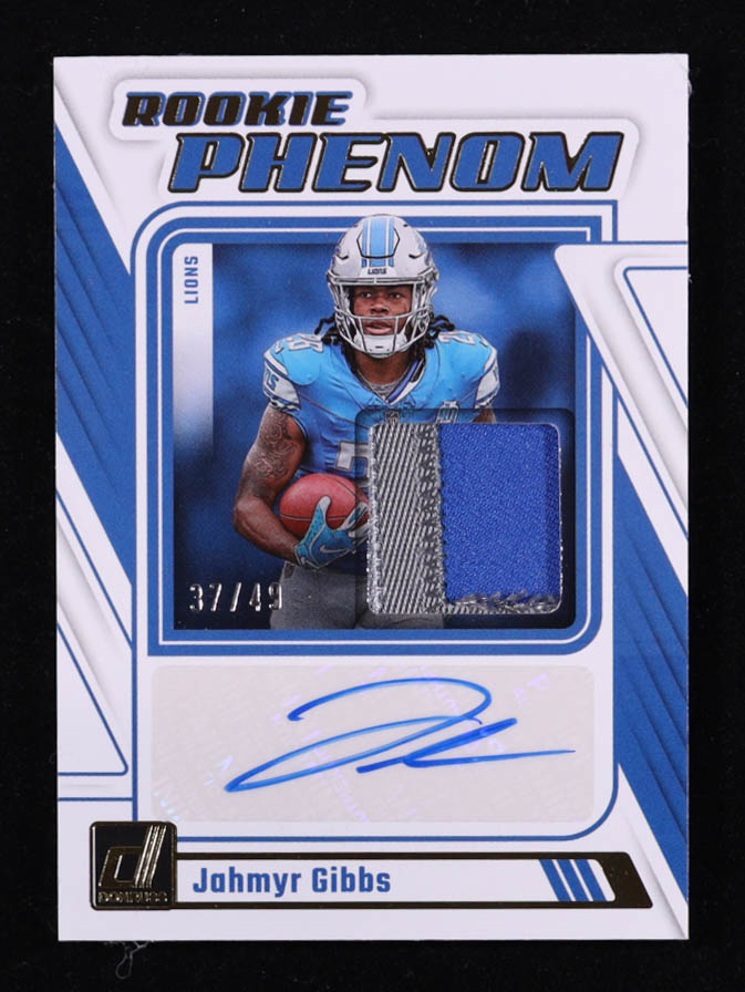 Jahmyr Gibbs 2023 Donruss Rookie Phenom Jersey Autographs Prime #6 RC #37/49 at PristineAuction.com Jahmyr Gibbs 2023 Donruss Rookie Phenom Jersey Autographs Prime #6 RC #37/49 at PristineAuction.com