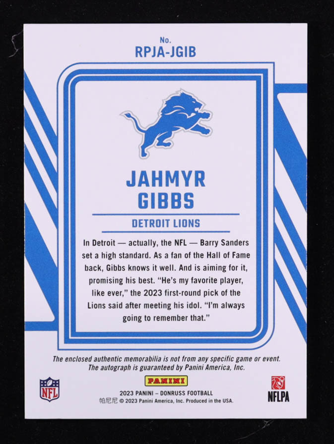 Jahmyr Gibbs 2023 Donruss Rookie Phenom Jersey Autographs Prime #6 RC #37/49 at PristineAuction.com Jahmyr Gibbs 2023 Donruss Rookie Phenom Jersey Autographs Prime #6 RC #37/49 at PristineAuction.com