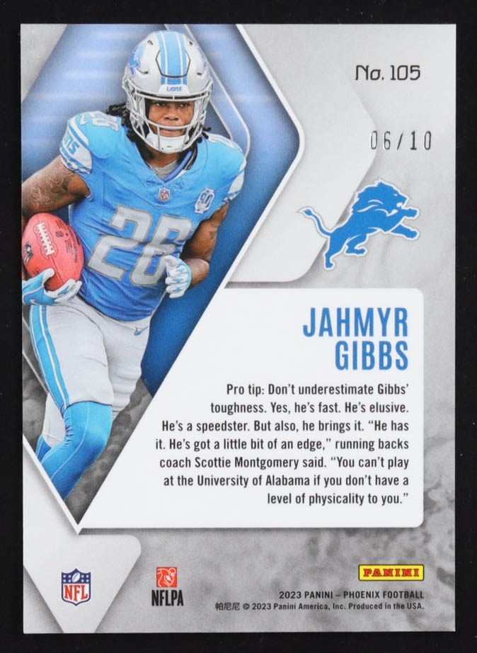 Jahmyr Gibbs 2023 Panini Phoenix Black Seismic #105 #06/10 RC at PristineAuction.com Jahmyr Gibbs 2023 Panini Phoenix Black Seismic #105 #06/10 RC at PristineAuction.com