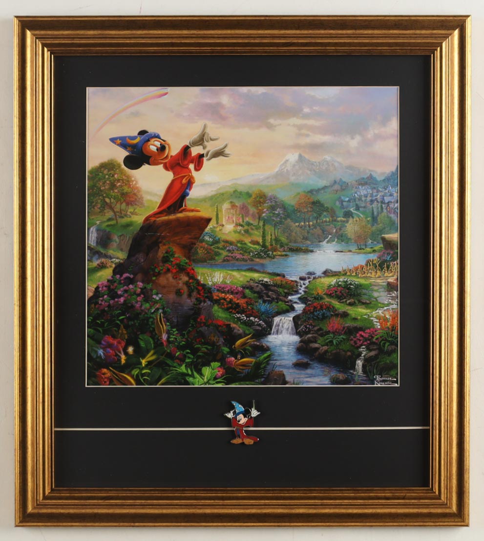 Thomas Kinkade Walt Disney's "Sorcerer's Apprentice" Custom Framed Print Display with Vintage Mickey Mouse Pin at PristineAuction.com Thomas Kinkade Walt Disney's "Sorcerer's Apprentice" Custom Framed Print Display with Vintage Mickey Mouse Pin at PristineAuction.com