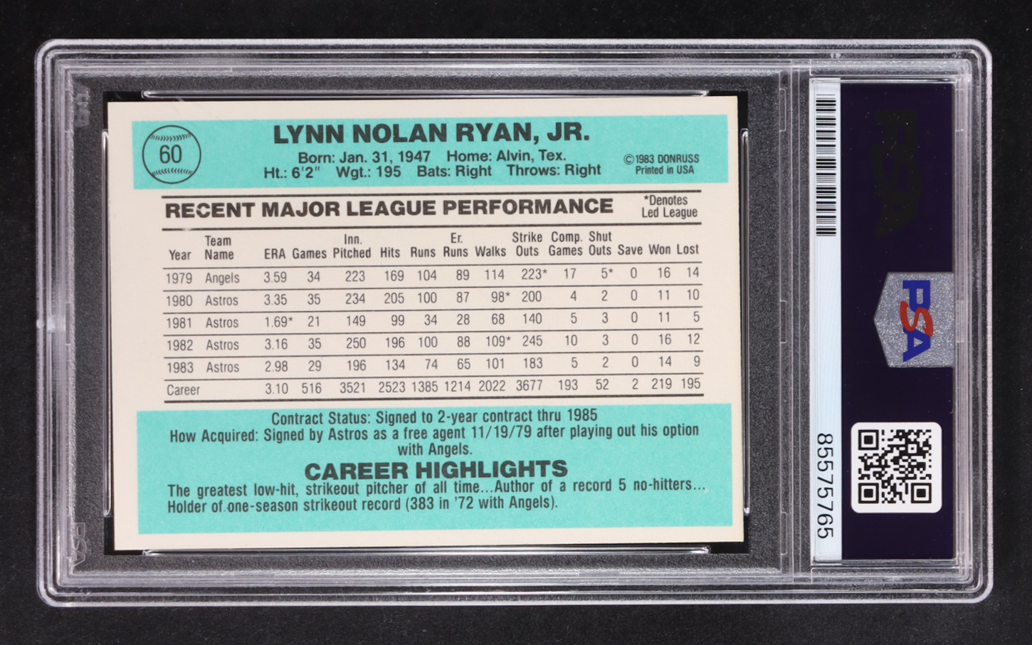 Nolan Ryan Signed 1984 Donruss #60 (PSA 10) at PristineAuction.com Nolan Ryan Signed 1984 Donruss #60 (PSA 10) at PristineAuction.com