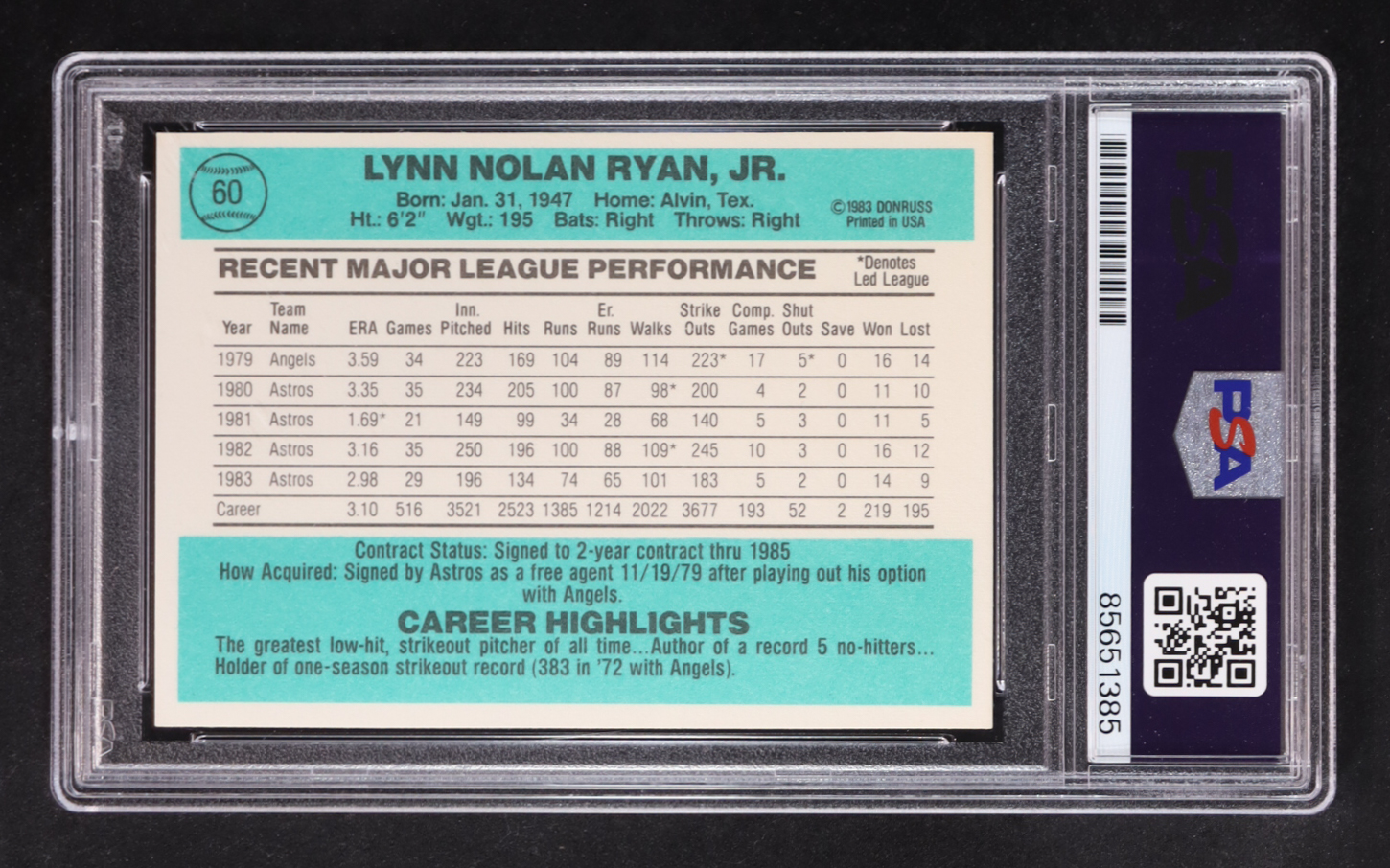 Nolan Ryan Signed 1984 Donruss #60 (PSA 10) at PristineAuction.com Nolan Ryan Signed 1984 Donruss #60 (PSA 10) at PristineAuction.com