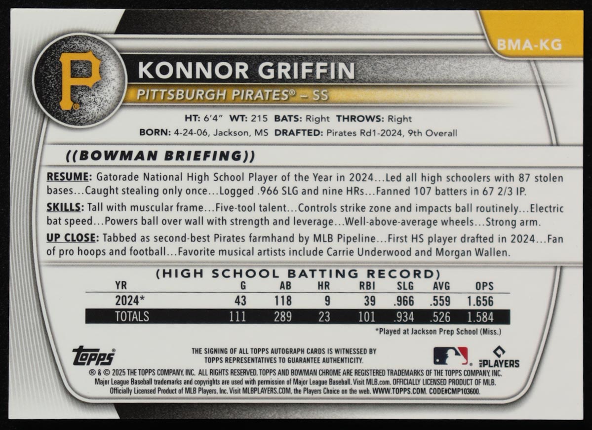 Konnor Griffin 2025 Bowman Chrome Mega Box Prospect Autographs #BMAKG RC at PristineAuction.com Konnor Griffin 2025 Bowman Chrome Mega Box Prospect Autographs #BMAKG RC at PristineAuction.com