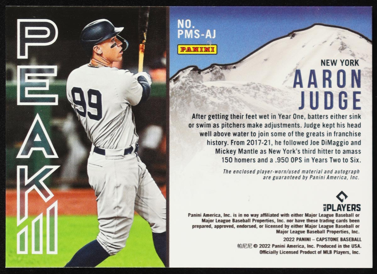 Aaron Judge 2022 Panini Capstone Peak Material Signatures Holo Gold #1 #21/25 at PristineAuction.com Aaron Judge 2022 Panini Capstone Peak Material Signatures Holo Gold #1 #21/25 at PristineAuction.com
