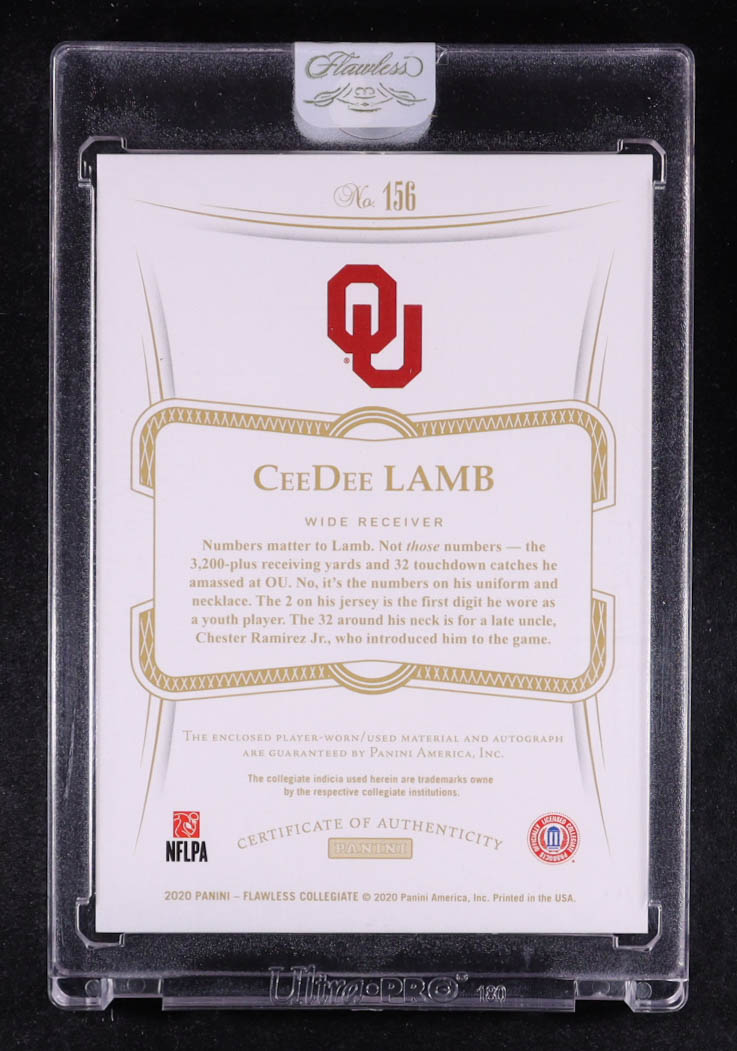 CeeDee Lamb 2020 Panini Flawless Collegiate Rookie Patch Autographs Ruby #156 #08/20 RC at PristineAuction.com CeeDee Lamb 2020 Panini Flawless Collegiate Rookie Patch Autographs Ruby #156 #08/20 RC at PristineAuction.com