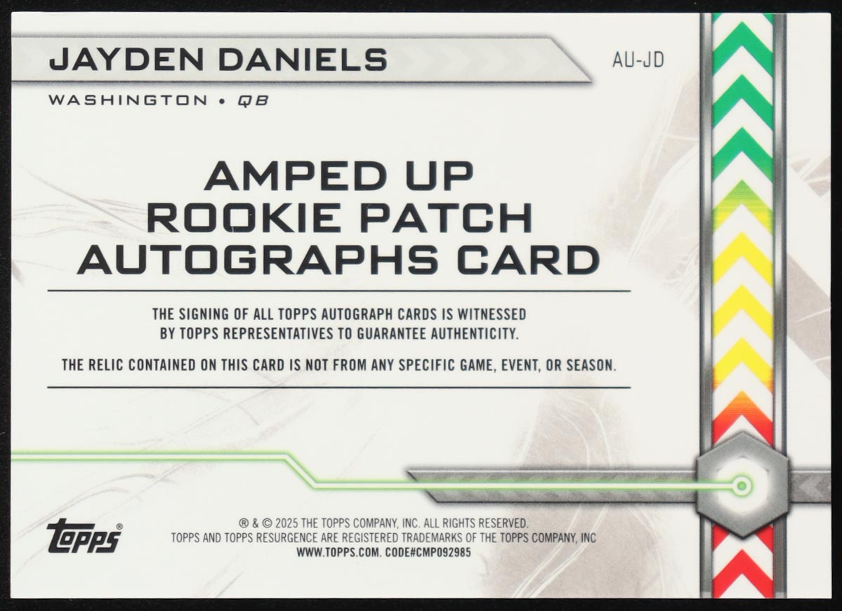 Jayden Daniels 2024 Topps Resurgence Amped Up Rookie Patch Autographs White Surge #AUJD #002/125 RC at PristineAuction.com Jayden Daniels 2024 Topps Resurgence Amped Up Rookie Patch Autographs White Surge #AUJD #002/125 RC at PristineAuction.com