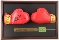 Mike Tyson Signed Custom Framed Set of (2) Everlast Boxing Gloves Display with Tyson vs. Holmes Plaza Pin (Tyson) at PristineAuction.com