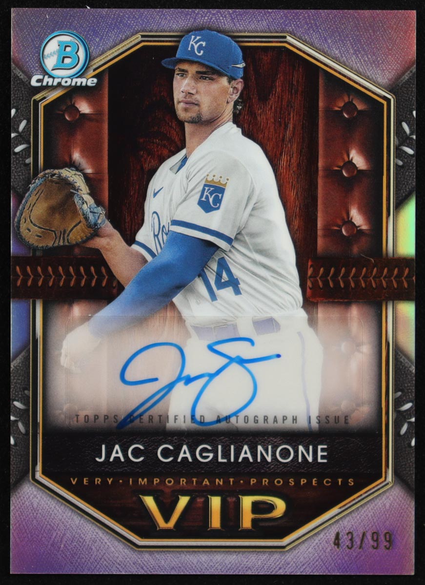 Jac Caglianone 2025 Bowman Chrome Very Important Prospects Autographs #VIPJC #43/99 RC at PristineAuction.com Jac Caglianone 2025 Bowman Chrome Very Important Prospects Autographs #VIPJC #43/99 RC at PristineAuction.com