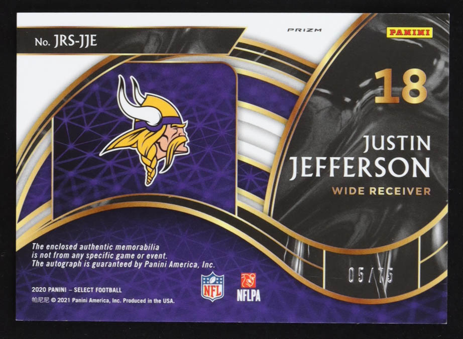 Justin Jefferson 2020 Select Jumbo Rookie Signature Swatches Prizm White #9 #05/75 RC at PristineAuction.com Justin Jefferson 2020 Select Jumbo Rookie Signature Swatches Prizm White #9 #05/75 RC at PristineAuction.com