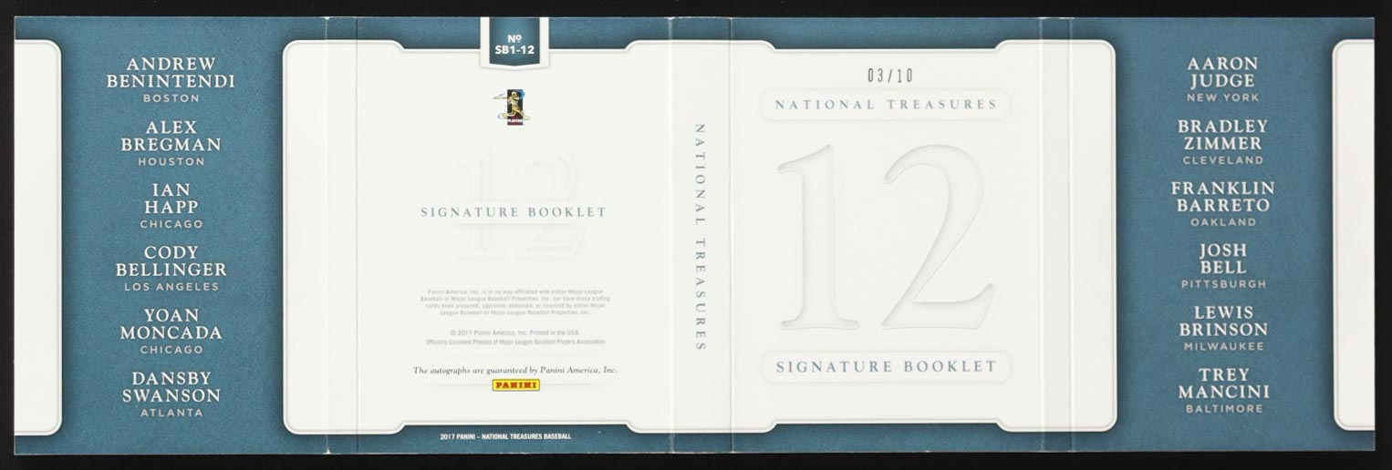 Aaron Judge RC / Cody Bellinger RC / Dansby Swanson RC / Ian Happ RC / Josh Bell RC / Lewis Brinson RC / Trey Mancini RC / 2017 Panini National Treasures 12 Signature Booklet #1 #03/10 at PristineAuction.com Aaron Judge RC / Cody Bellinger RC / Dansby Swanson RC / Ian Happ RC / Josh Bell RC / Lewis Brinson RC / Trey Mancini RC / 2017 Panini National Treasures 12 Signature Booklet #1 #03/10 at PristineAuction.com
