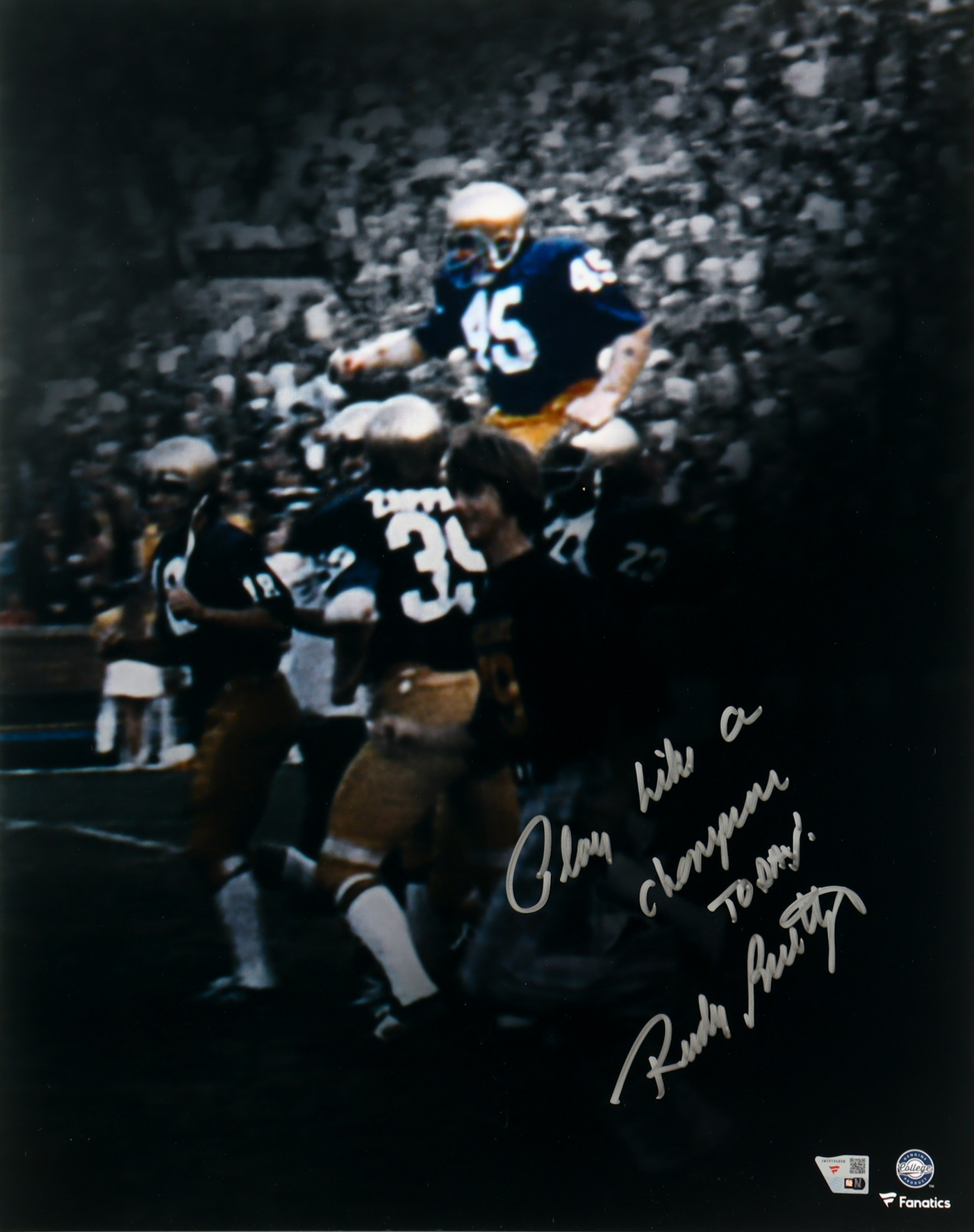 Rudy Ruettiger Signed Notre Dame Fighting Irish 16x20 Photo Inscribed "Play Like A Champion Today" (Fanatics) at PristineAuction.com Rudy Ruettiger Signed Notre Dame Fighting Irish 16x20 Photo Inscribed "Play Like A Champion Today" (Fanatics) at PristineAuction.com