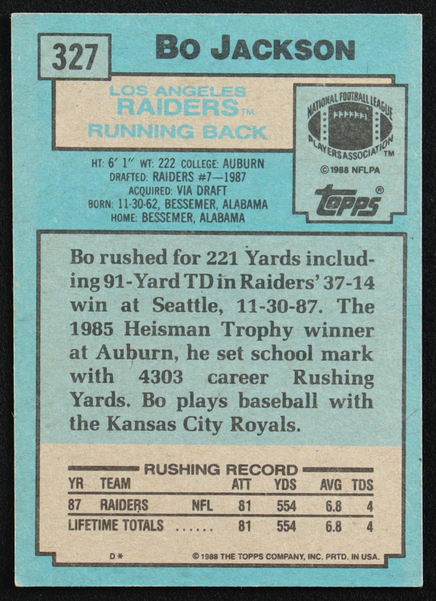 Bo Jackson 1988 Topps #327 SR RC at PristineAuction.com Bo Jackson 1988 Topps #327 SR RC at PristineAuction.com