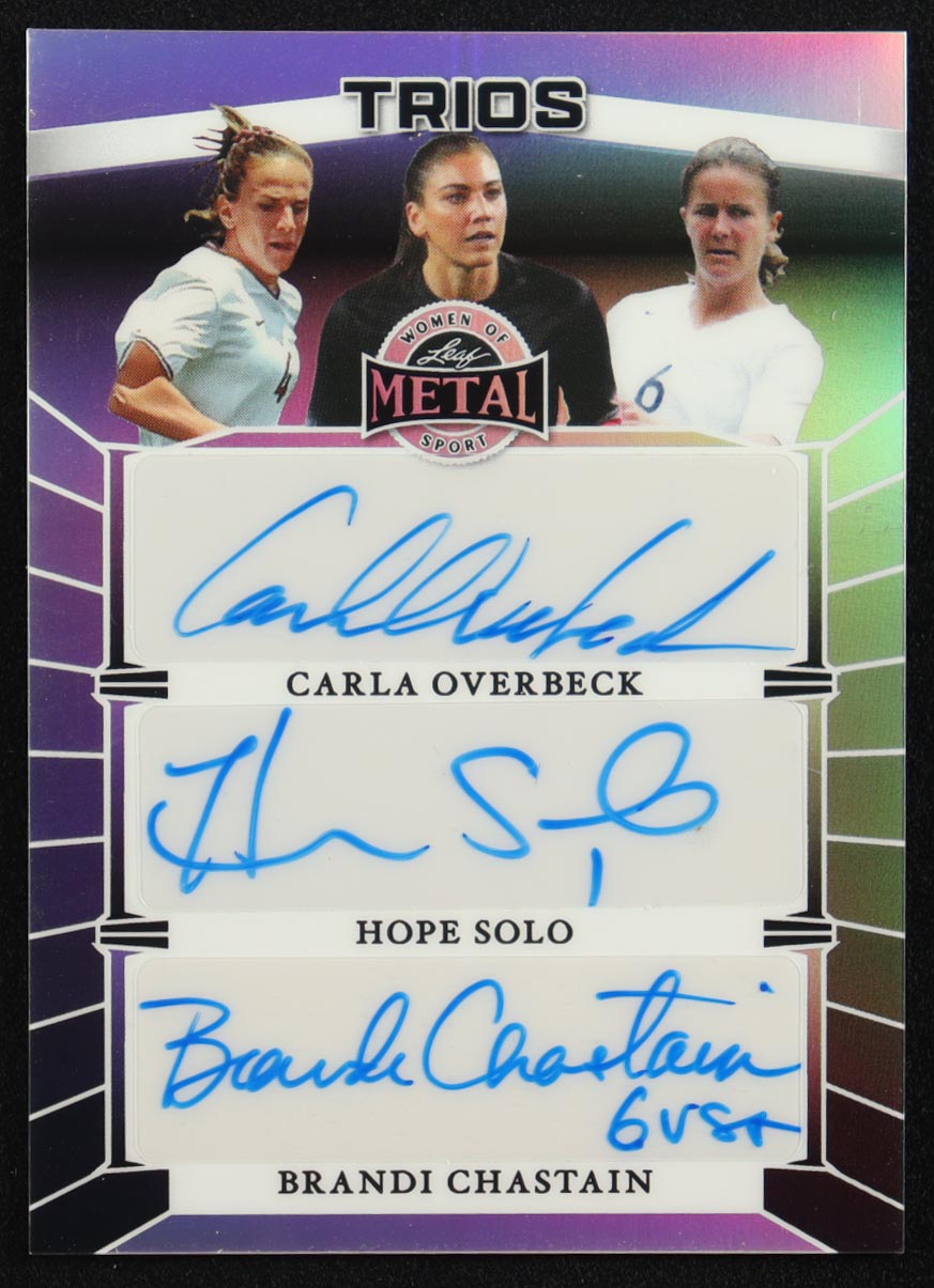 Carla Overbeck / Hope Solo / Brandi Chastain 2025 Leaf Metal Women Of Sport Trios Silver Autographs #T5 #2/5 at PristineAuction.com Carla Overbeck / Hope Solo / Brandi Chastain 2025 Leaf Metal Women Of Sport Trios Silver Autographs #T5 #2/5 at PristineAuction.com