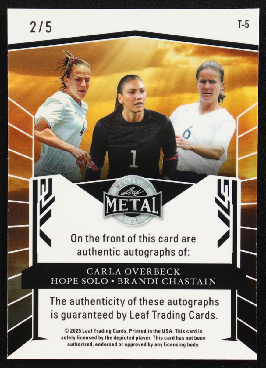 Carla Overbeck / Hope Solo / Brandi Chastain 2025 Leaf Metal Women Of Sport Trios Silver Autographs #T5 #2/5 at PristineAuction.com Carla Overbeck / Hope Solo / Brandi Chastain 2025 Leaf Metal Women Of Sport Trios Silver Autographs #T5 #2/5 at PristineAuction.com