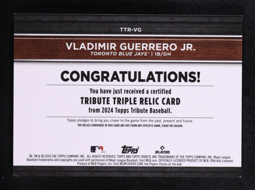 Vladimir Guerrero Jr. 2024 Topps Tribute Triple Relics #TTRVG #159/199 at PristineAuction.com Vladimir Guerrero Jr. 2024 Topps Tribute Triple Relics #TTRVG #159/199 at PristineAuction.com