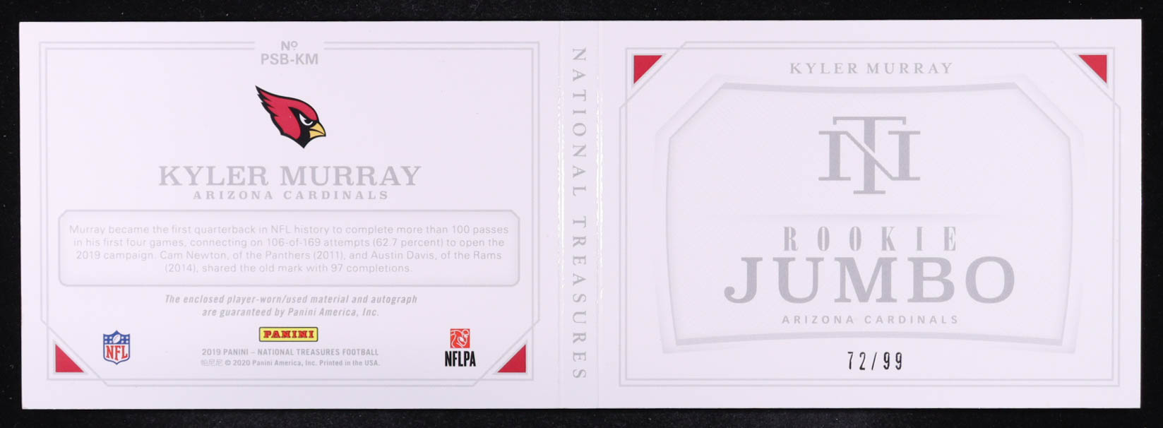 Kyler Murray 2019 Panini National Treasures Rookie Jumbo Materials Prime Signature Booklets #1 #72/99 RC at PristineAuction.com Kyler Murray 2019 Panini National Treasures Rookie Jumbo Materials Prime Signature Booklets #1 #72/99 RC at PristineAuction.com