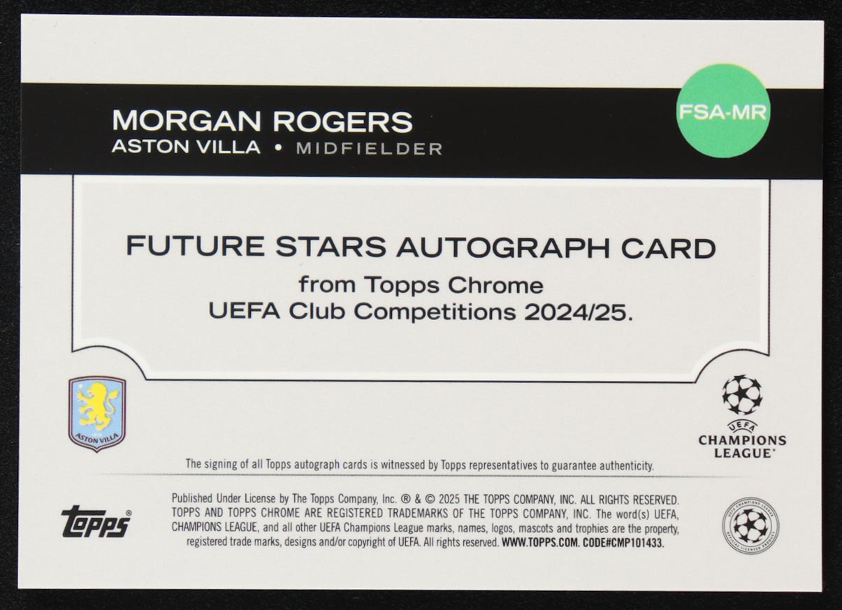 Morgan Rogers 2024-25 Topps Chrome UEFA Club Competitions Future Stars Autographs Orange Geometric Refractors #FSAMR #03/25 at PristineAuction.com Morgan Rogers 2024-25 Topps Chrome UEFA Club Competitions Future Stars Autographs Orange Geometric Refractors #FSAMR #03/25 at PristineAuction.com