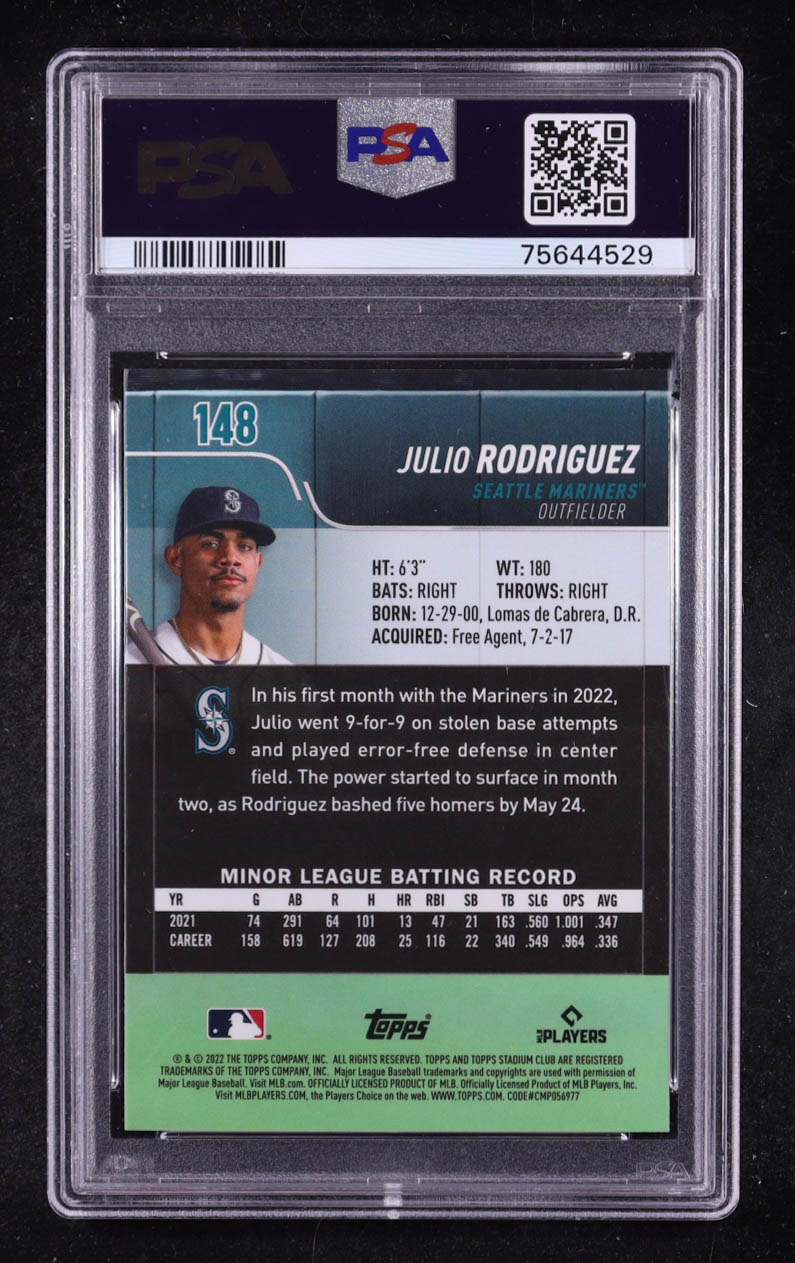Julio Rodriguez 2022 Stadium Club Chrome #148 RC (PSA 10) at PristineAuction.com Julio Rodriguez 2022 Stadium Club Chrome #148 RC (PSA 10) at PristineAuction.com