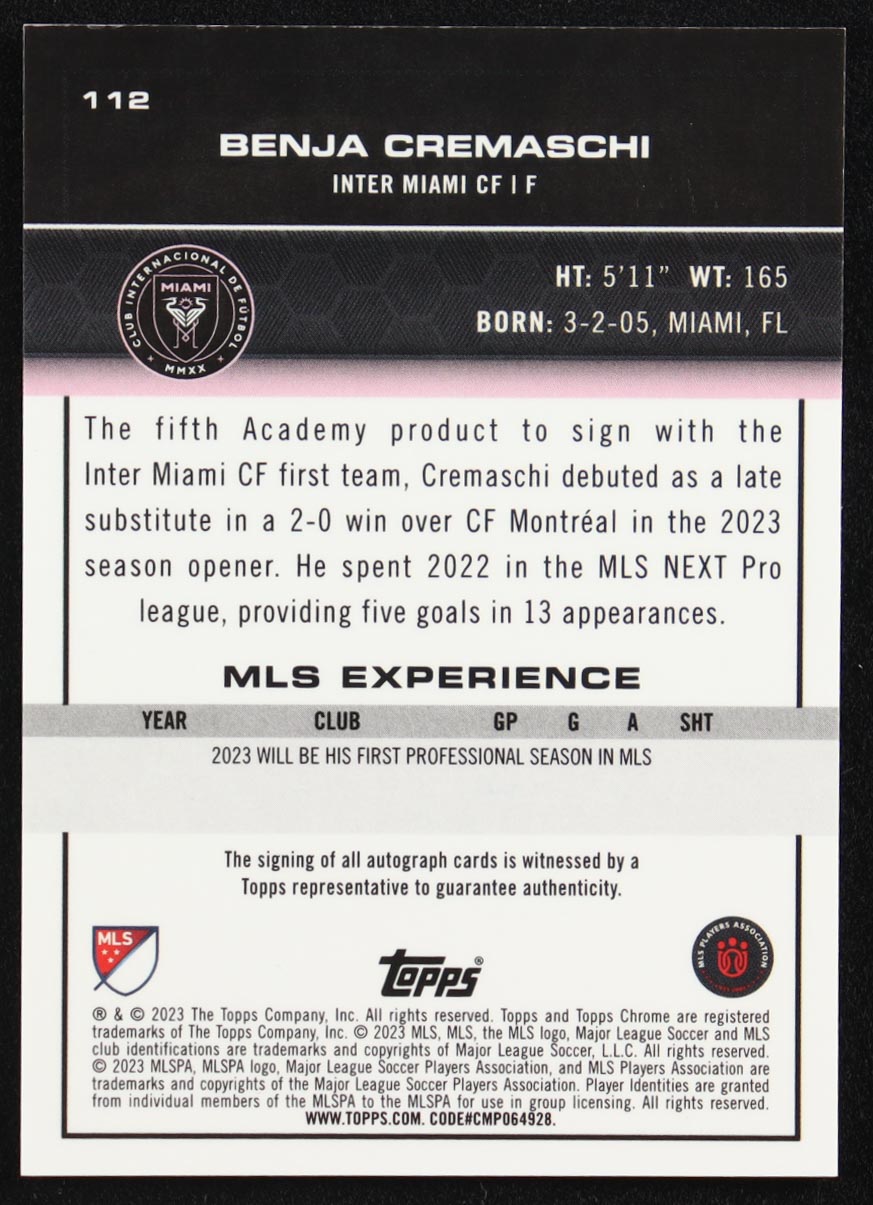 Benja Cremaschi 2023 Topps Chrome MLS Autographs Neon Green Refractors #112 #81/99 RC at PristineAuction.com Benja Cremaschi 2023 Topps Chrome MLS Autographs Neon Green Refractors #112 #81/99 RC at PristineAuction.com