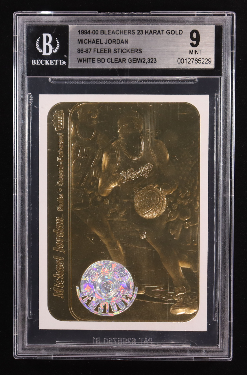 Michael Jordan 1994-00 Bleachers 23 Karat Gold '86-87 Fleer Stickers White Border Clear Gem #NNO (BGS 9) at PristineAuction.com Michael Jordan 1994-00 Bleachers 23 Karat Gold '86-87 Fleer Stickers White Border Clear Gem #NNO (BGS 9) at PristineAuction.com
