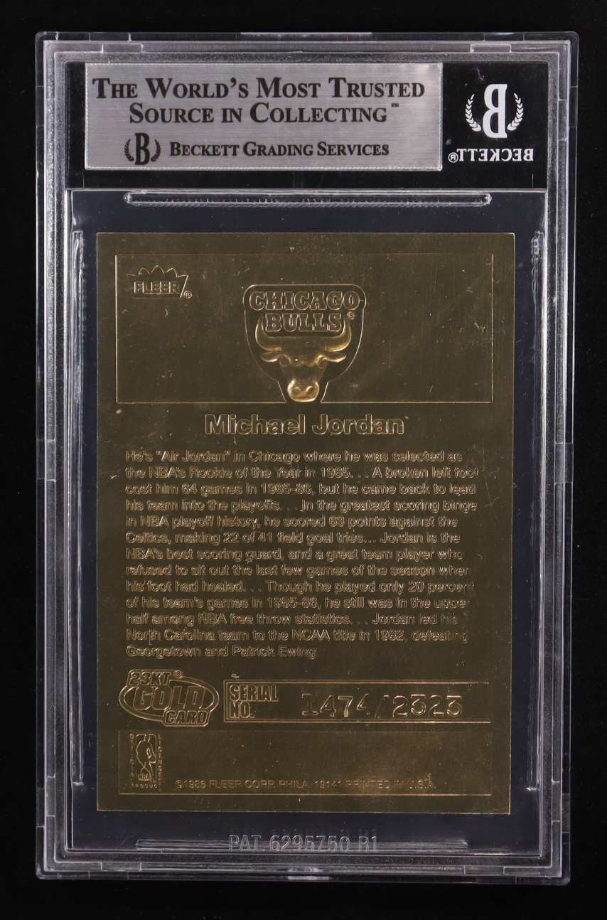 Michael Jordan 1994-00 Bleachers 23 Karat Gold '86-87 Fleer Stickers White Border Clear Gem #NNO (BGS 9) at PristineAuction.com Michael Jordan 1994-00 Bleachers 23 Karat Gold '86-87 Fleer Stickers White Border Clear Gem #NNO (BGS 9) at PristineAuction.com