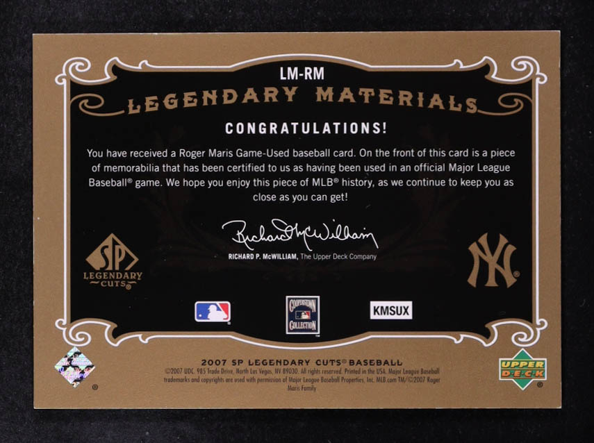 Roger Maris 2007 SP Legendary Cuts Legendary Materials #RM #056/199 at PristineAuction.com Roger Maris 2007 SP Legendary Cuts Legendary Materials #RM #056/199 at PristineAuction.com