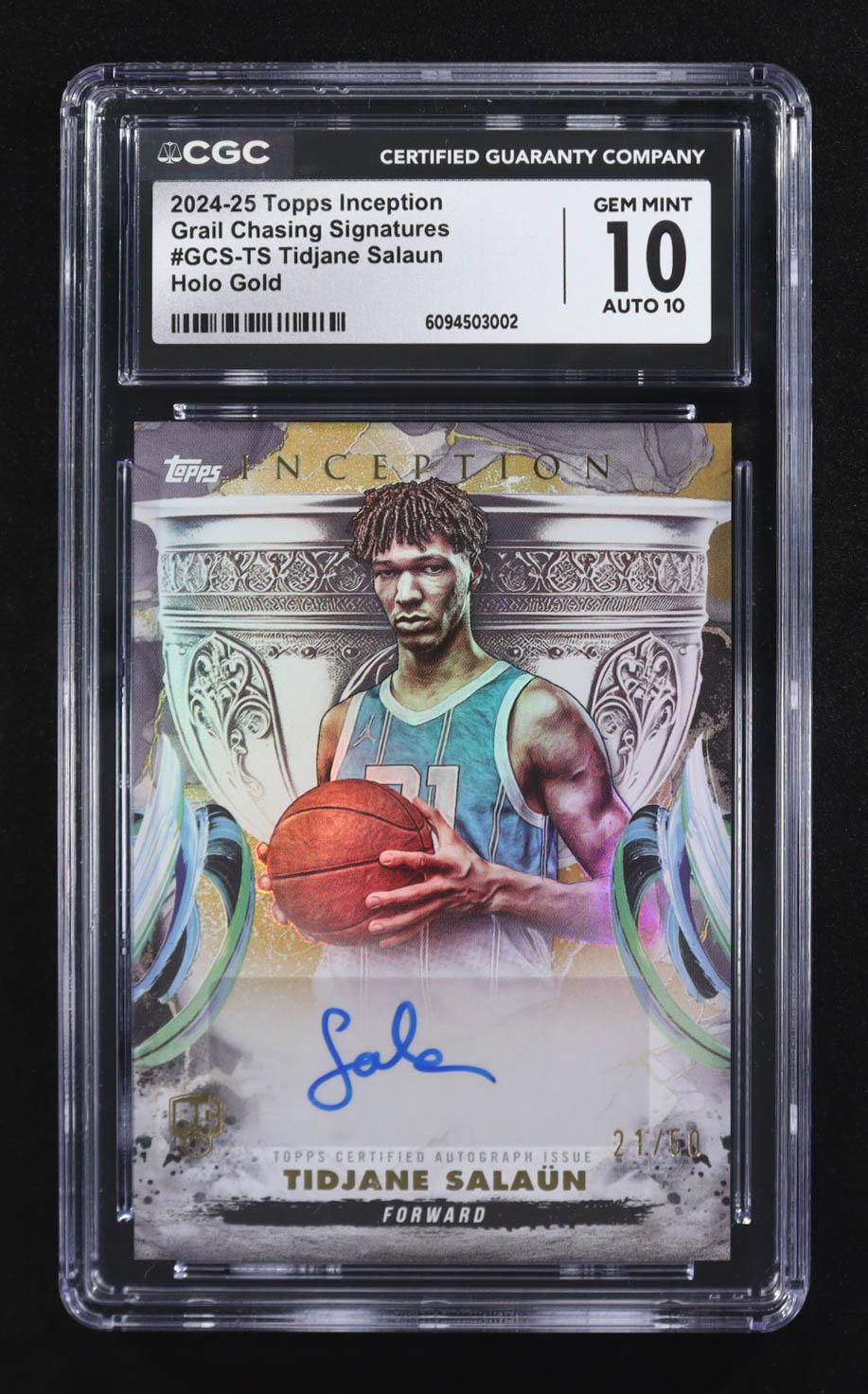 Tidjane Salaun 2024-25 Topps Inception Grail Chasing Signatures Holo Gold #GCSTS #21/50 RC (CGC 10) at PristineAuction.com Tidjane Salaun 2024-25 Topps Inception Grail Chasing Signatures Holo Gold #GCSTS #21/50 RC (CGC 10) at PristineAuction.com