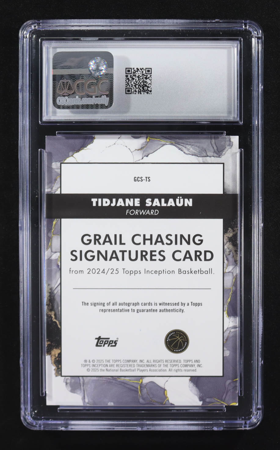 Tidjane Salaun 2024-25 Topps Inception Grail Chasing Signatures Holo Gold #GCSTS #21/50 RC (CGC 10) at PristineAuction.com Tidjane Salaun 2024-25 Topps Inception Grail Chasing Signatures Holo Gold #GCSTS #21/50 RC (CGC 10) at PristineAuction.com