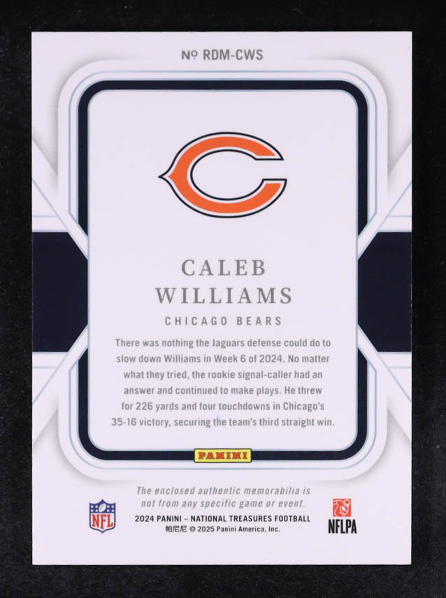 Caleb Williams 2024 Panini National Treasures Rookie Dual Materials #10 #99/99 RC at PristineAuction.com Caleb Williams 2024 Panini National Treasures Rookie Dual Materials #10 #99/99 RC at PristineAuction.com