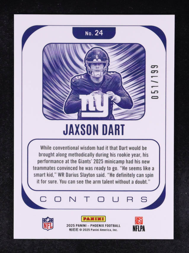 Jaxson Dart 2025 Panini Phoenix Contours Blue #24 #051/199 RC at PristineAuction.com Jaxson Dart 2025 Panini Phoenix Contours Blue #24 #051/199 RC at PristineAuction.com