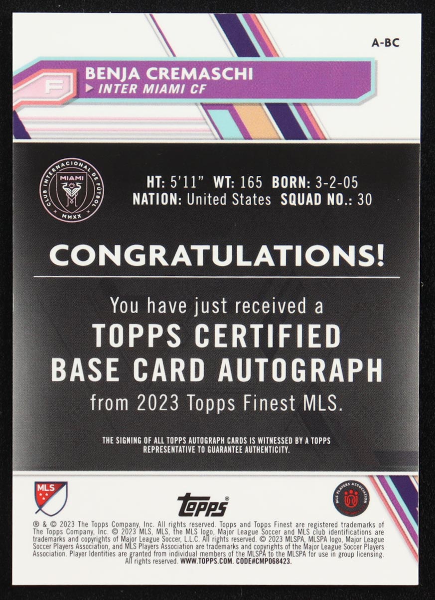 Benja Cremaschi 2023 Finest MLS Autographs Neon Green Refractors #ABC #86/99 RC at PristineAuction.com Benja Cremaschi 2023 Finest MLS Autographs Neon Green Refractors #ABC #86/99 RC at PristineAuction.com