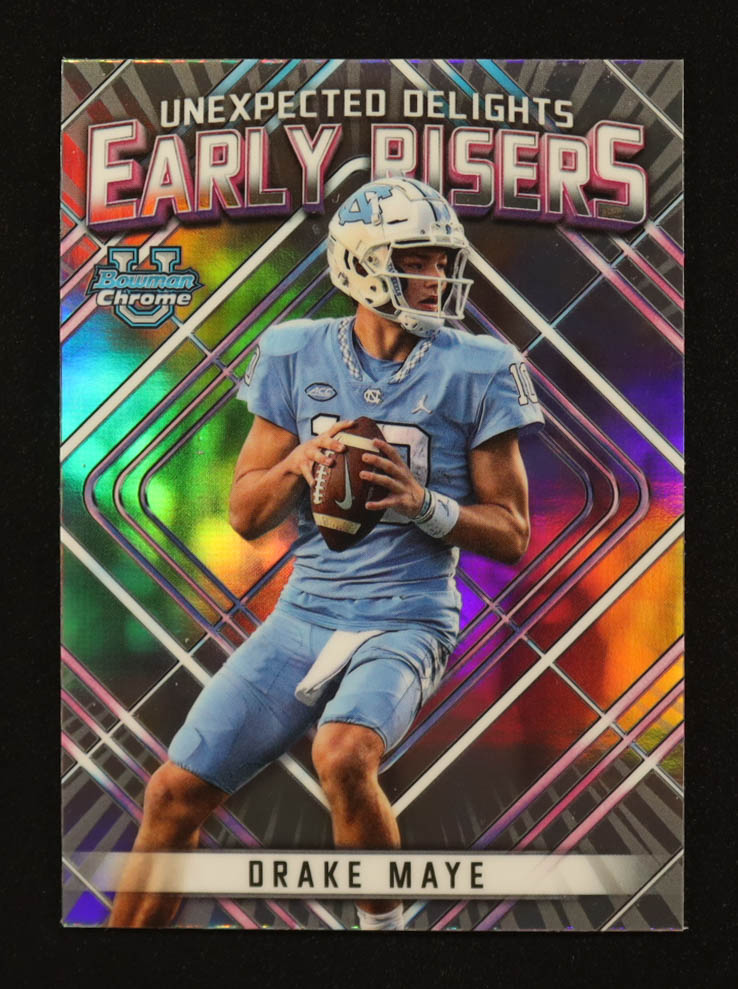 Drake Maye 2023 Bowman Chrome University Unexpected Delights Early Risers #ER2 at PristineAuction.com Drake Maye 2023 Bowman Chrome University Unexpected Delights Early Risers #ER2 at PristineAuction.com