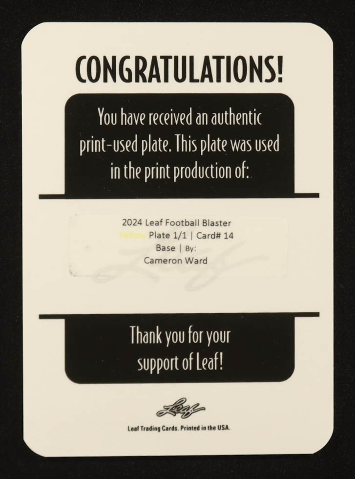 Cameron Ward 2024 Leaf Football Printing Plates Yellow #14 #1/1 at PristineAuction.com Cameron Ward 2024 Leaf Football Printing Plates Yellow #14 #1/1 at PristineAuction.com